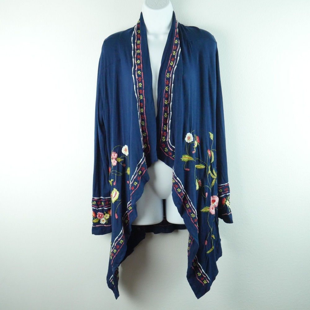 Caite Womens Navy Blue Floral Embroidered Open Cardigan Boho‎ Asymmetric Small